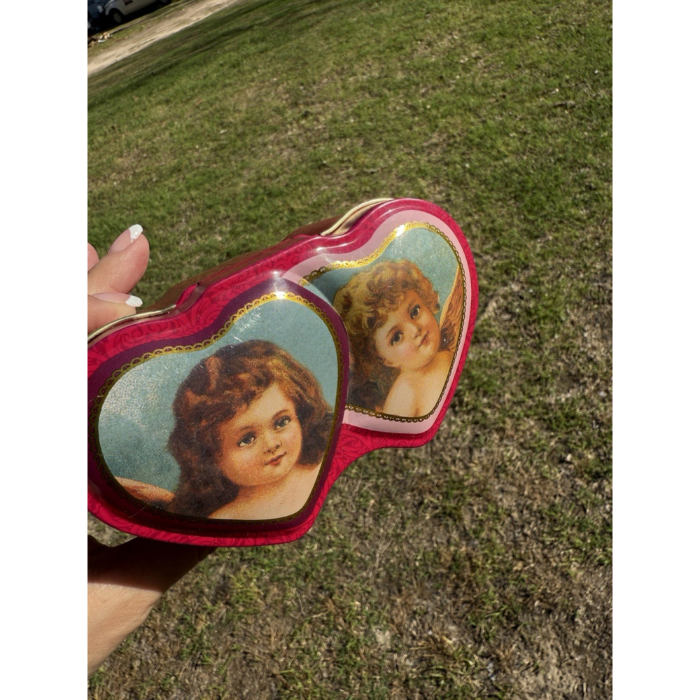 Double Heart-Shaped Storage Tin Trinket Box Collectible Christmas Angels Cherubs